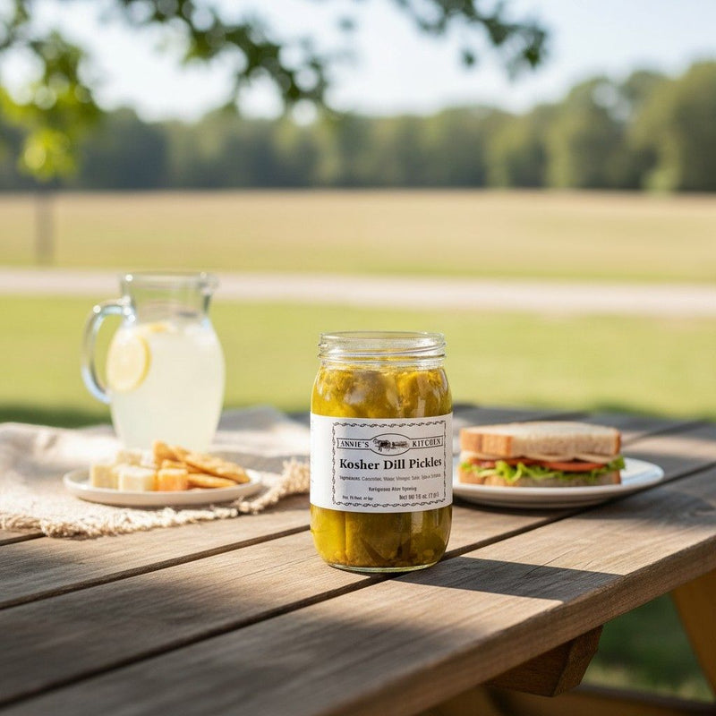 Annie’s Kitchen Kosher Dill Pickles on a picnic table with lemonade and a sandwich outdoors
