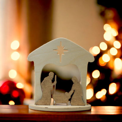 Handmade Wooden Nativity Scene Decoration. Made in America.