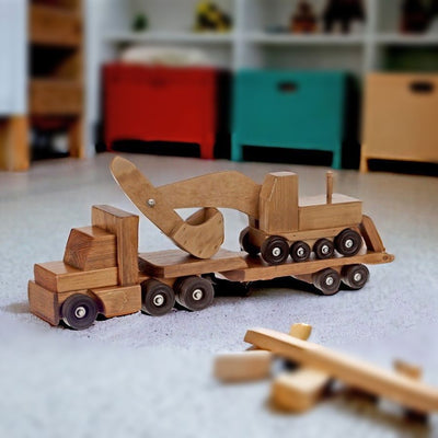 Wooden Low Boy Toy Truck with Excavator. Powered by Imagination, not Batteries.