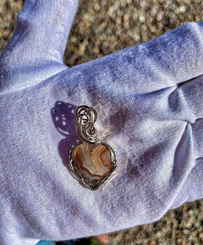 Small Natural Lace Agate Heart with Crystal Drusy Wire Wrapped Sterling Silver Pendant