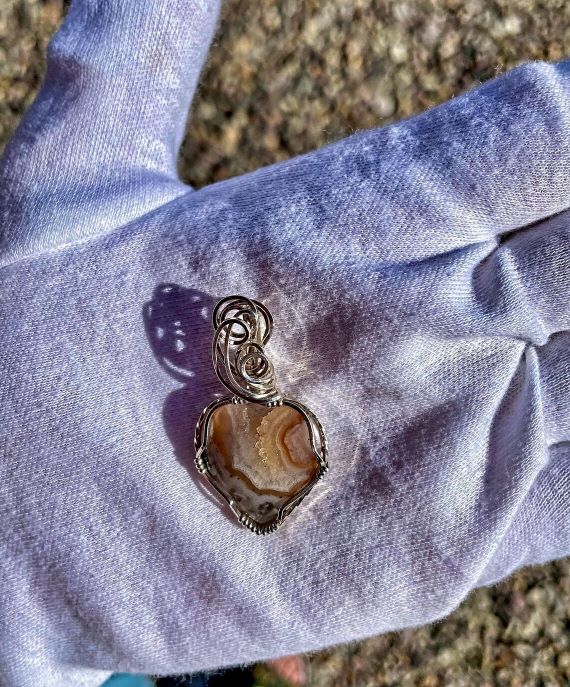 Small Natural Lace Agate Heart with Crystal Drusy Wire Wrapped Sterling Silver Pendant