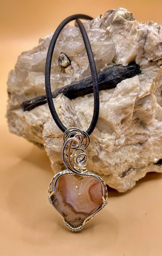 Small Natural Lace Agate Heart with Crystal Drusy Wire Wrapped Sterling Silver Pendant 18" Leather Necklace now available at Harvest Array.