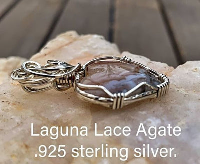 Laguna Lace Agate Heart artistically wrapped in .925 sterling silver wire.