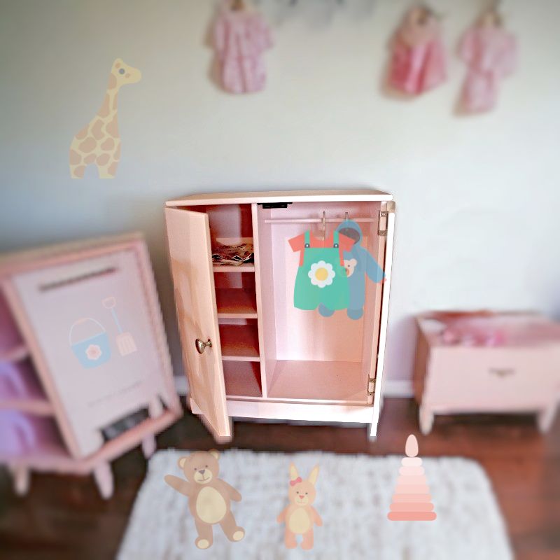 Open Wardrobe shows 3 shelves and a rod to hang clothes for dolls.