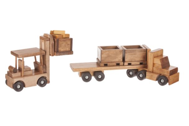 Wooden Toy Skid Truck and Forklift Set.
