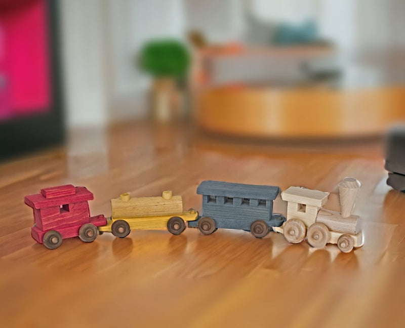 Amish Made Multicolored Wooden Toy Train for Imaginative Play.