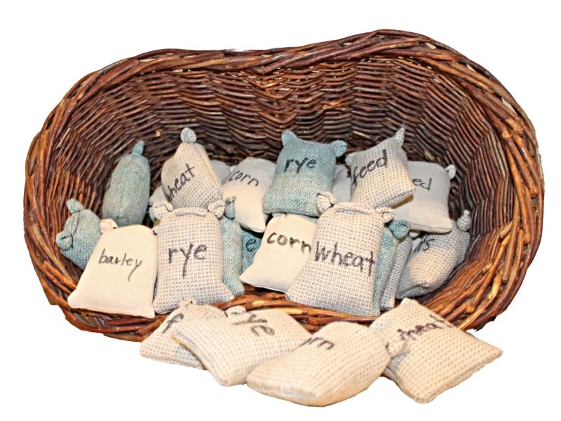 Basket of toy feed sacks. Sold in a set of 6 sacks only. 