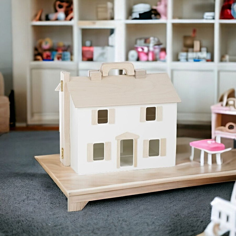 Wooden Folding Doll House in a playroom.