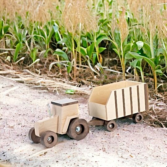 Amish Made Wooden Toy Tractor shown with Forage Wagon but sold separately on harvestarray.com.