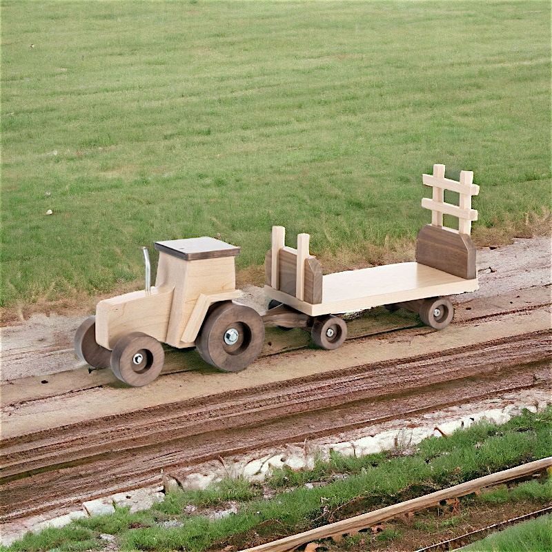 Amish Made Wooden Toy Tractor shown with Hay Wagon but sold separately at Harvest Array.