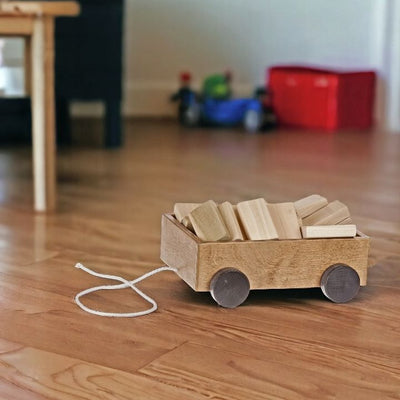 Harvest stained Wooden Wagon with wooden blocks and pull string, No Batteries Required.