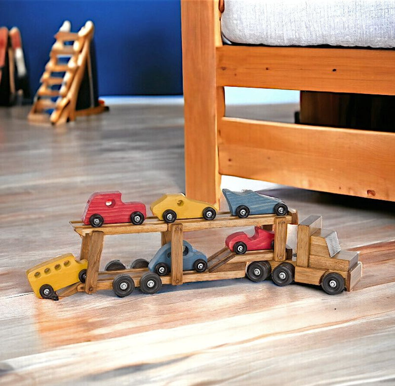 Set of Amish Made Car Carrier and Six colorful wooden cars. Available at Harvest Array.