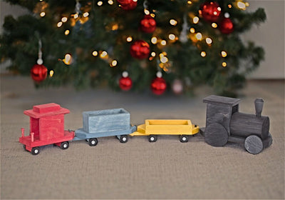 Colorful Wooden Freight Train toy looks great under a Christmas tree.