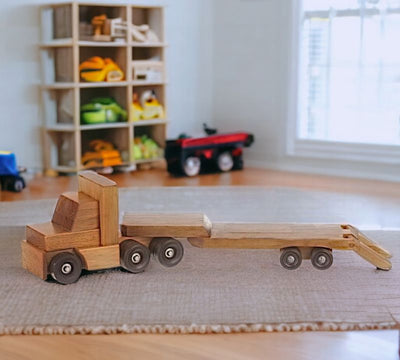 Wooden Low Boy Toy Truck with Harvest Stain. Powered by imagination, not batteries!