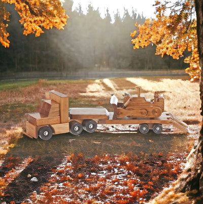 Amish Made Wooden Low Boy Truck and Bulldozer Toy Set. 