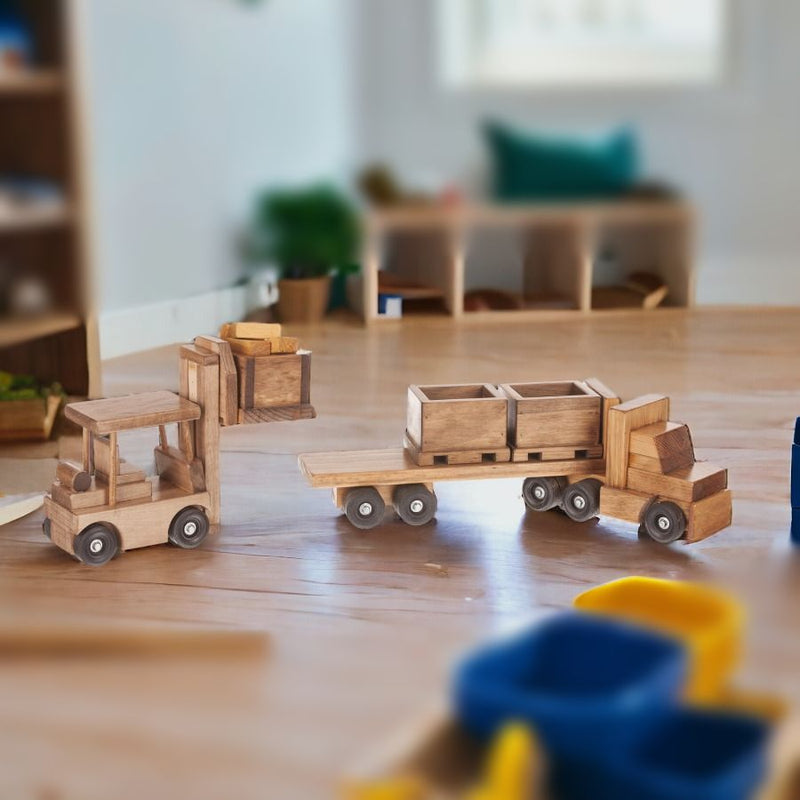 Amish Made Wooden Toy Skid Truck with Forklift runs on imagination, not batteries.
