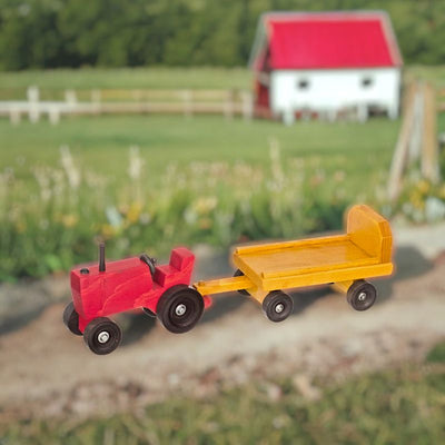 Amish Made Wooden Tractor and Wagon Set for imaginative farm play and learning.