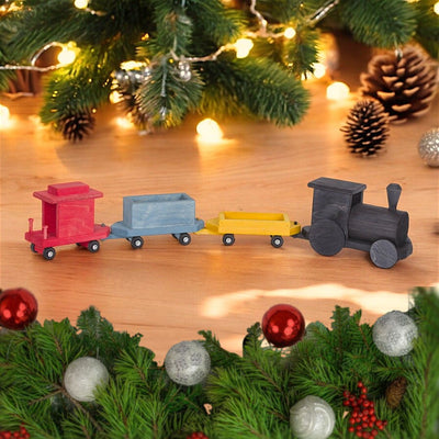 Colorful Wooden Freight Train toy looks great under a Christmas tree. Amish made for Harvest Array.