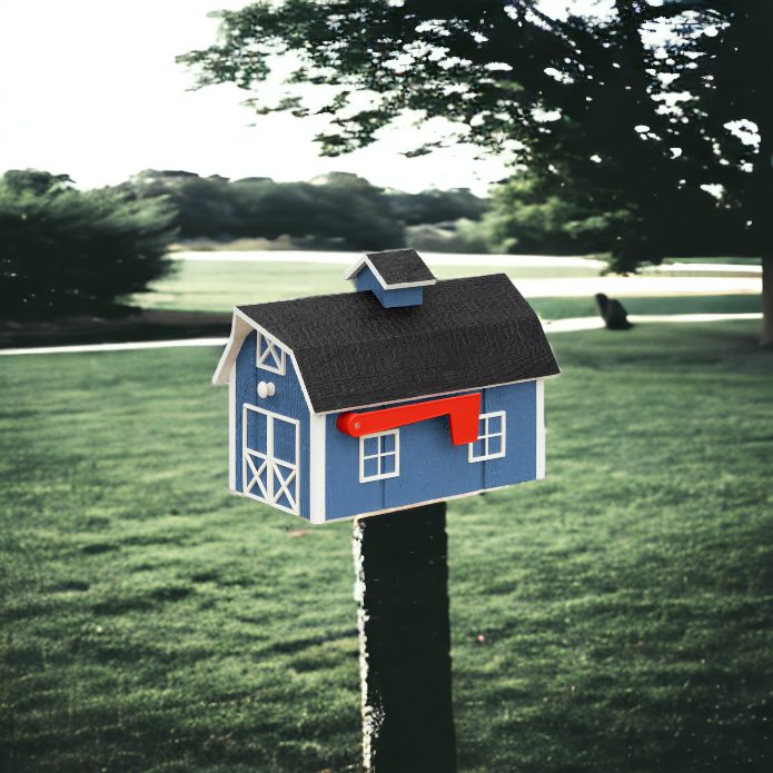 Light blue and white Wooden Barn Mailbox on the post
