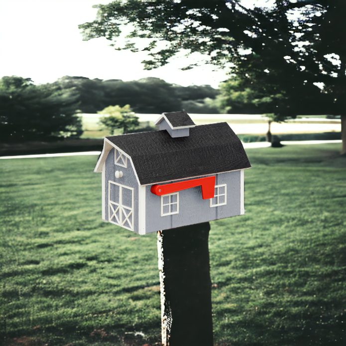 Light gray and white Wooden Barn Mailbox on the post