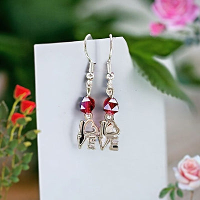 Earrings - "Love" Charm with Red Swarovski Crystals