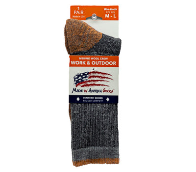 One pair Men's Merino Wool Crew Socks - Size M/L Gray with  Beachfire Orange accents.