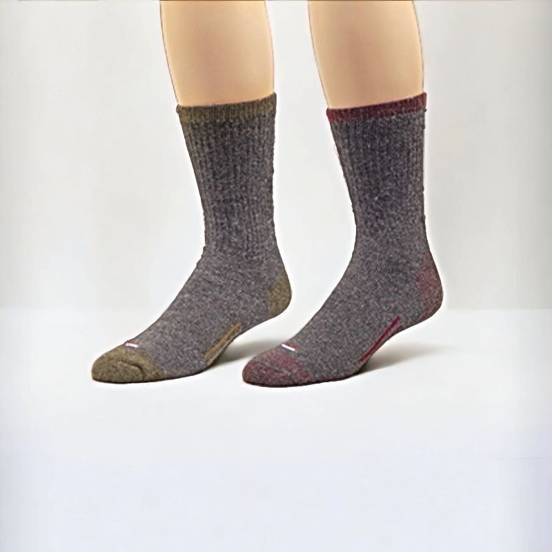 One wool sock is charcoal with a coyote brown stripe and one sock is charcoal with a cardinal stripe. 