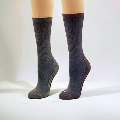 One wool sock pair is a Charcoal colored sock with a Bean Taupe (green) stripe at the top, the other pair in the pack is Charcoal with a Marsala (deep red) stripe on top.