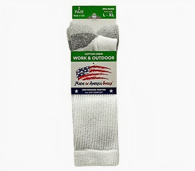 Made in America Sock Co. Men's White Cotton Crew Socks Size L/XL come in a 2 pack.