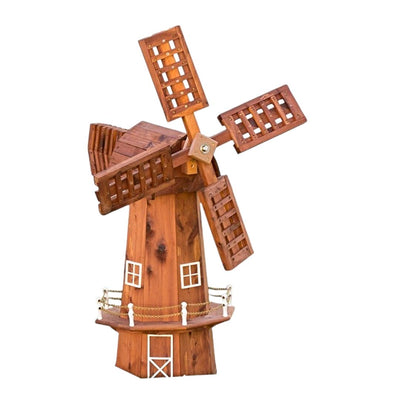 Our Small Cedar Windmill has white window and door trim and a rope fencing around the base. Order today at Harvest Array.