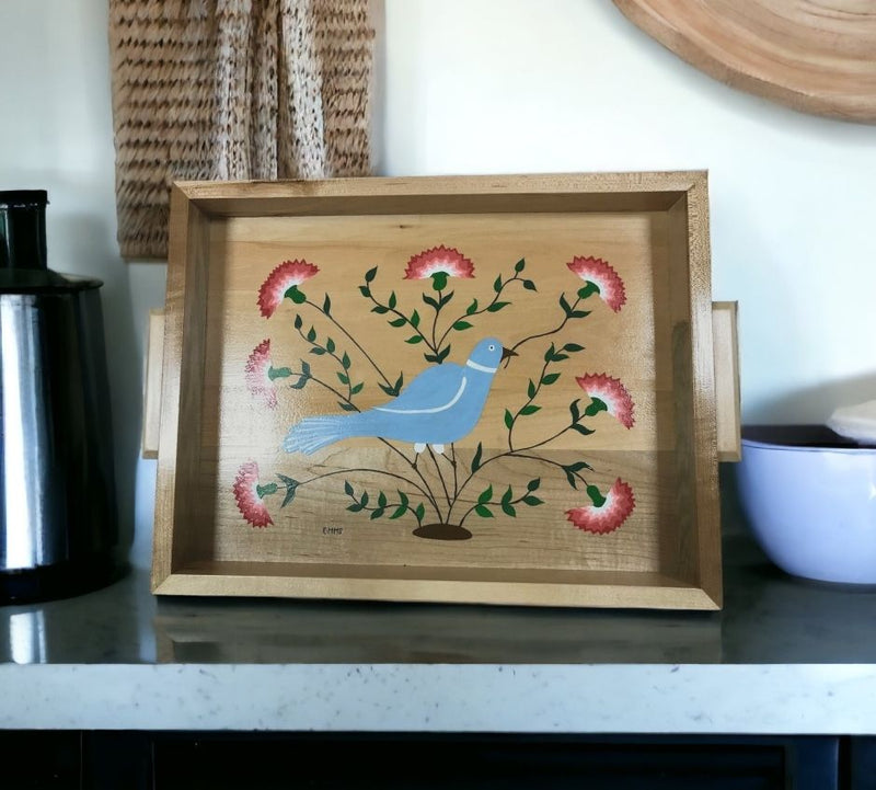 Handmade Wooden Folk Art Tray - Crewel Design 1765 by E. Brewster features a single blue bird amongst the branches of a red flowering bush.