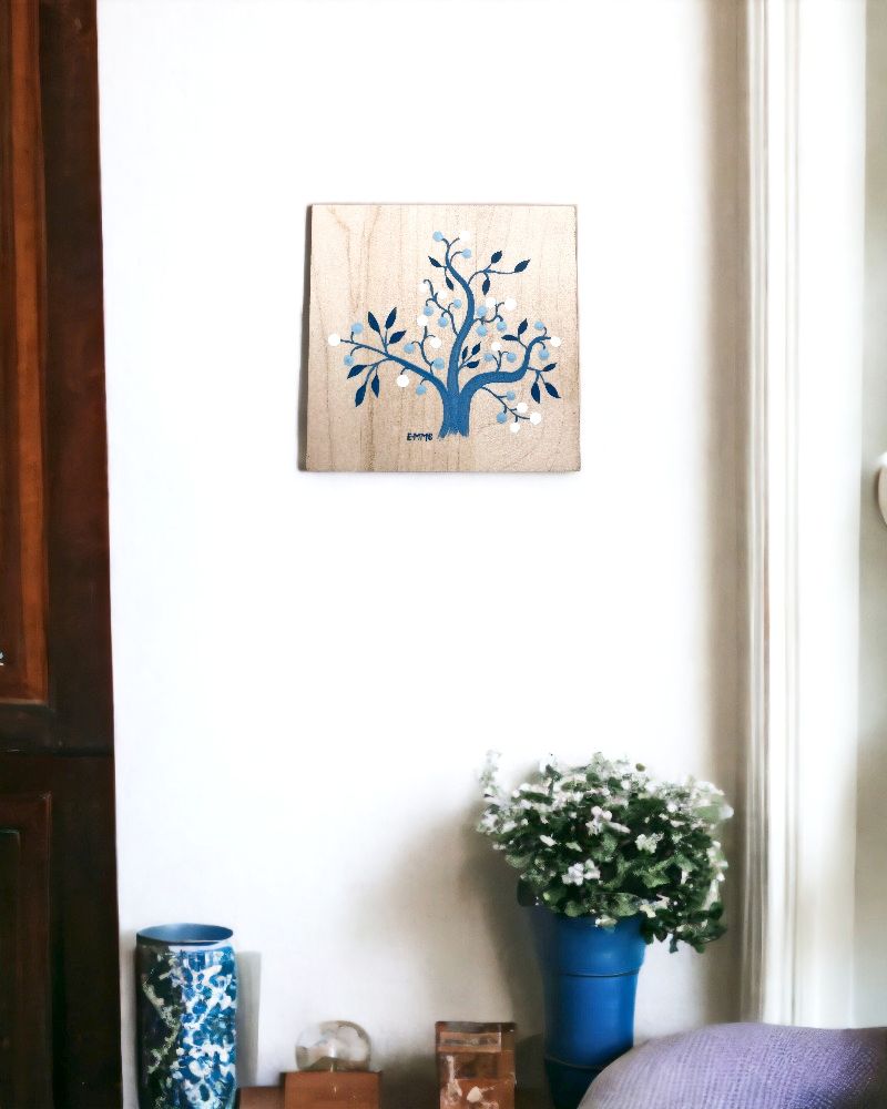 A second design of a blue and white tree adapted from a New England Crewel design from 1714. Blue 2 on Harvest Array.