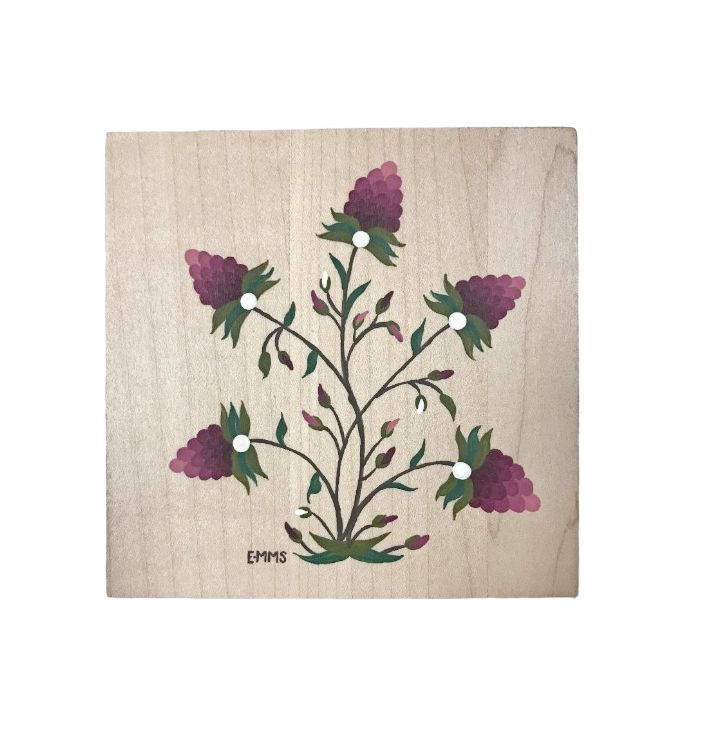 Handmade Wooden Folk Wall Art - Crewel Design 1765 by E. Brewster Purple Berries.