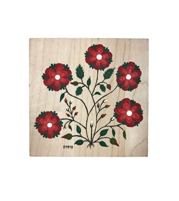 Pretty Red Flowers with Greenery on this Hand Painted Folk Art Piece.