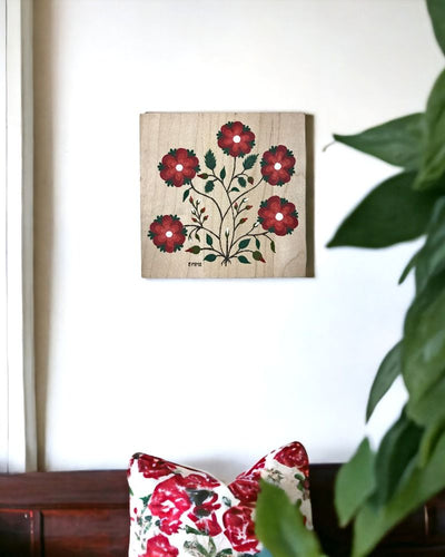 Handmade Wooden Folk Wall Art - Crewel Design 1765 Red Fowers, available at Harvest Array.