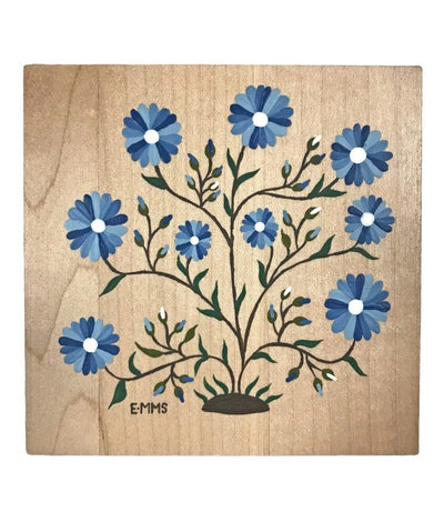 Handmade Wooden Folk Wall Art - Crewel Design 1765 Blue Fowers, available at Harvest Array.