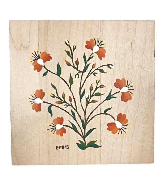 Handmade Wooden Folk Wall Art - Crewel Design 1765 orange Fowers, available at Harvest Array.