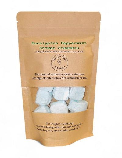 Maggie's Eucalyptus Peppermint Shower Steamer 7 oz. zip close bag. Available at harvestarray.com.
