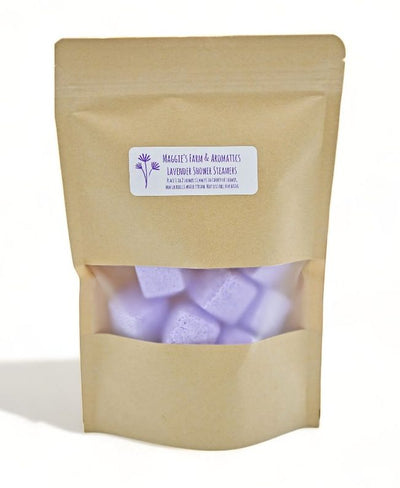 Maggie's Lavender Shower Steamer 7 oz. zip close bag. Available at harvestarray.com.