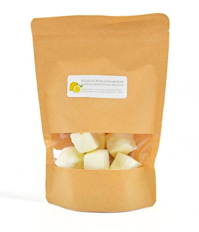 Maggie's Rosemary Lemon Shower Steamer 7 oz. zip close bag, 10 per bag. Available at harvestarray.com.