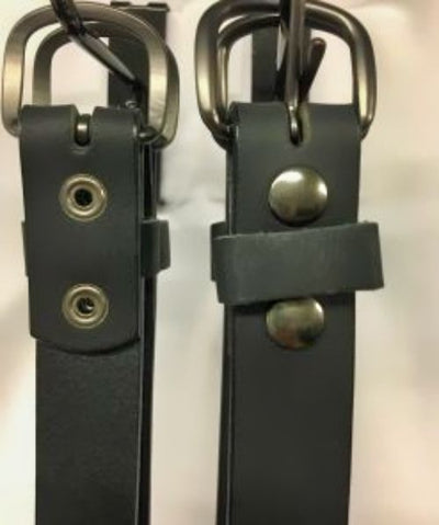 Close up of Gun Metal Gray Snaps and Belt Buckle on Matte Black Leather Belt. 