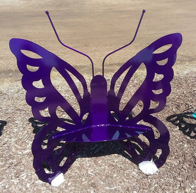 Small Royal Blue Metal Butterfly Bench - Design A with scalloped wings and long antennae.
