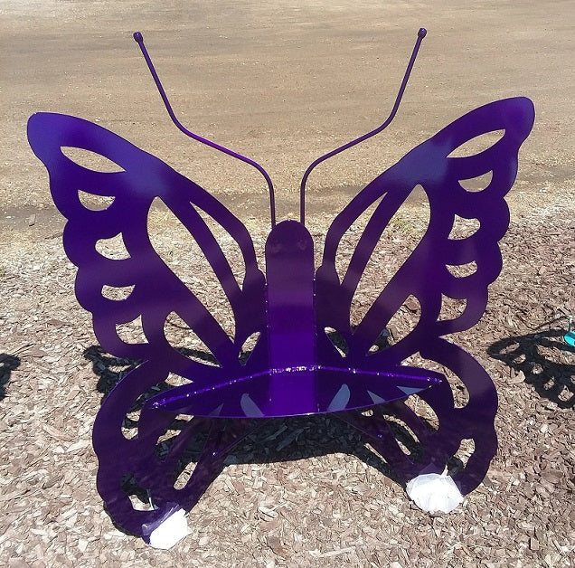Small Royal Blue Metal Butterfly Bench - Design A with scalloped wings and long antennae.