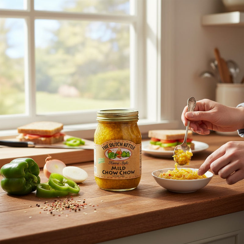 Person spooning Dutch Kettle Mild Chow Chow into a bowl on a kitchen counter with ingredients and a jar of the product.