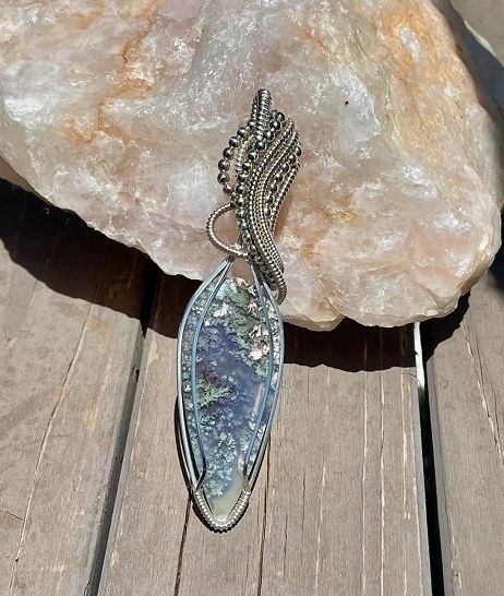 Artisan Handcrafted Moss Agate Sterling Silver Wrapped Pendant