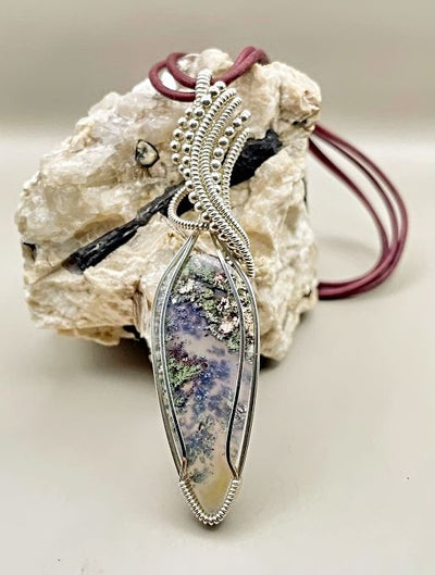 Natural Moss Agate pendant drop wire wrapped sterling silver leather cord 26 inch necklace, 3.25 x .75 inch pendant. 