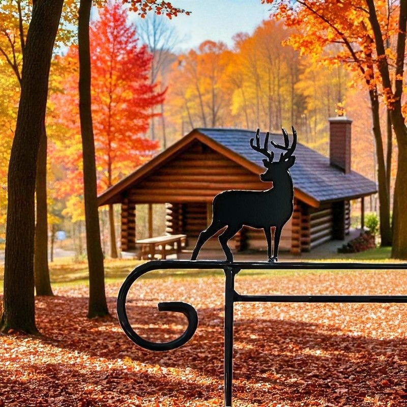 Metal Garden Flag Holder with Decorative Deer Emblem on top.
