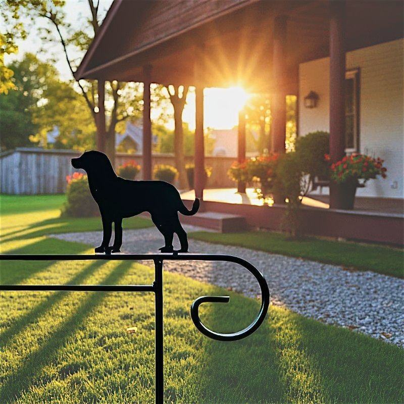 Metal Garden Flag Holder with Decorative Lab Dog Golden Retriever Dog Emblem on top.