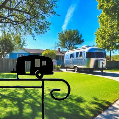 Metal Garden Flag Holder with Decorative Camper Emblem on top.