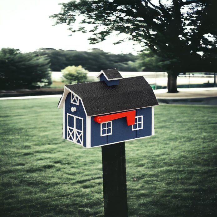 Navy Blue and white Wooden Barn Mailbox on the post